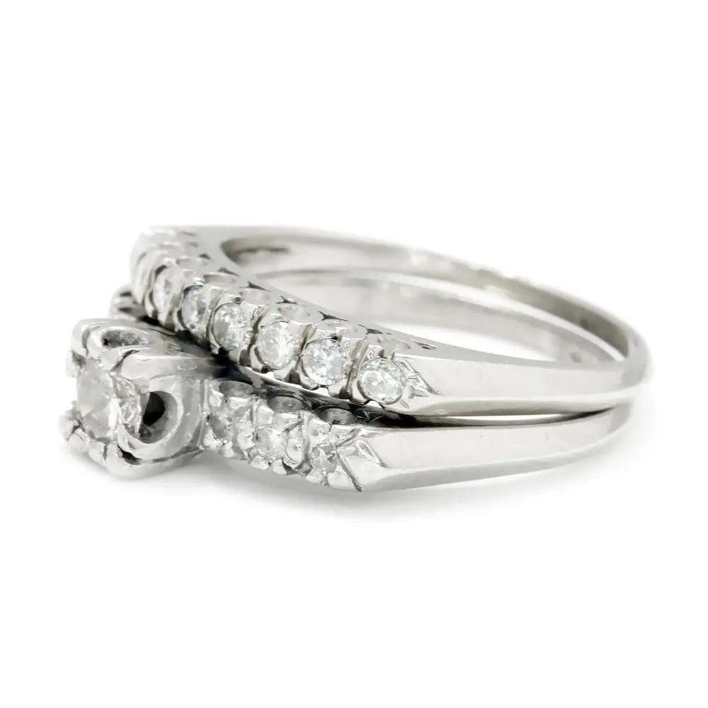 Vintage Round Diamond Engagement Ring Set White Gold .50ctw