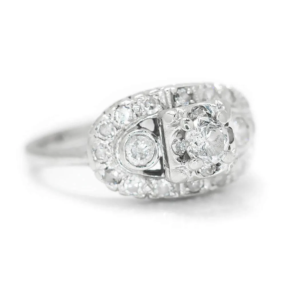Vintage Round Diamond Engagement Ring White Gold .90ctw