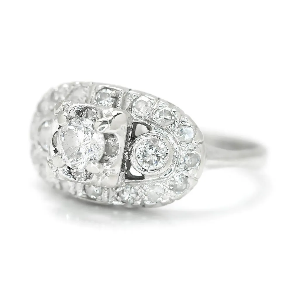 Vintage Round Diamond Engagement Ring White Gold .90ctw