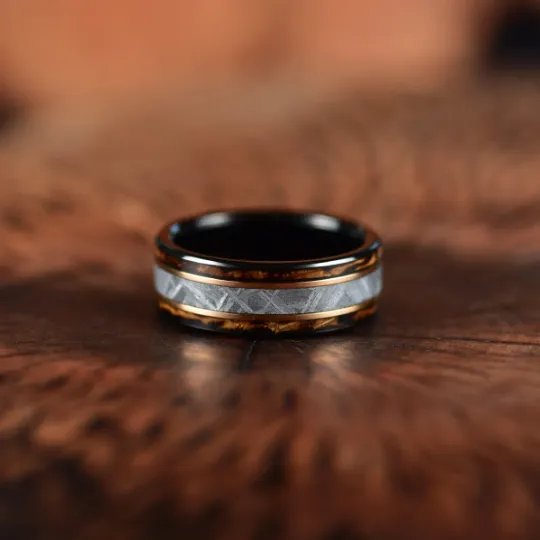 Warrior's Vow Ring - Black Tungsten Charred Whiskey Inlay Meteorite Men's Wedding Band