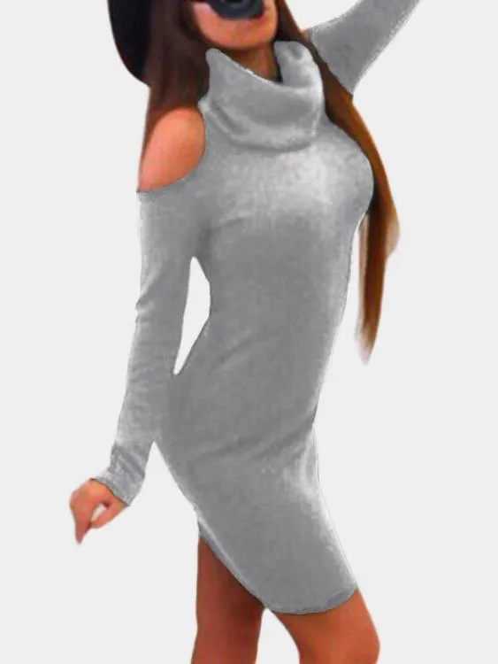 Wholesale Grey Cold Shoulder Pullover Long Sleeve Mini Dress